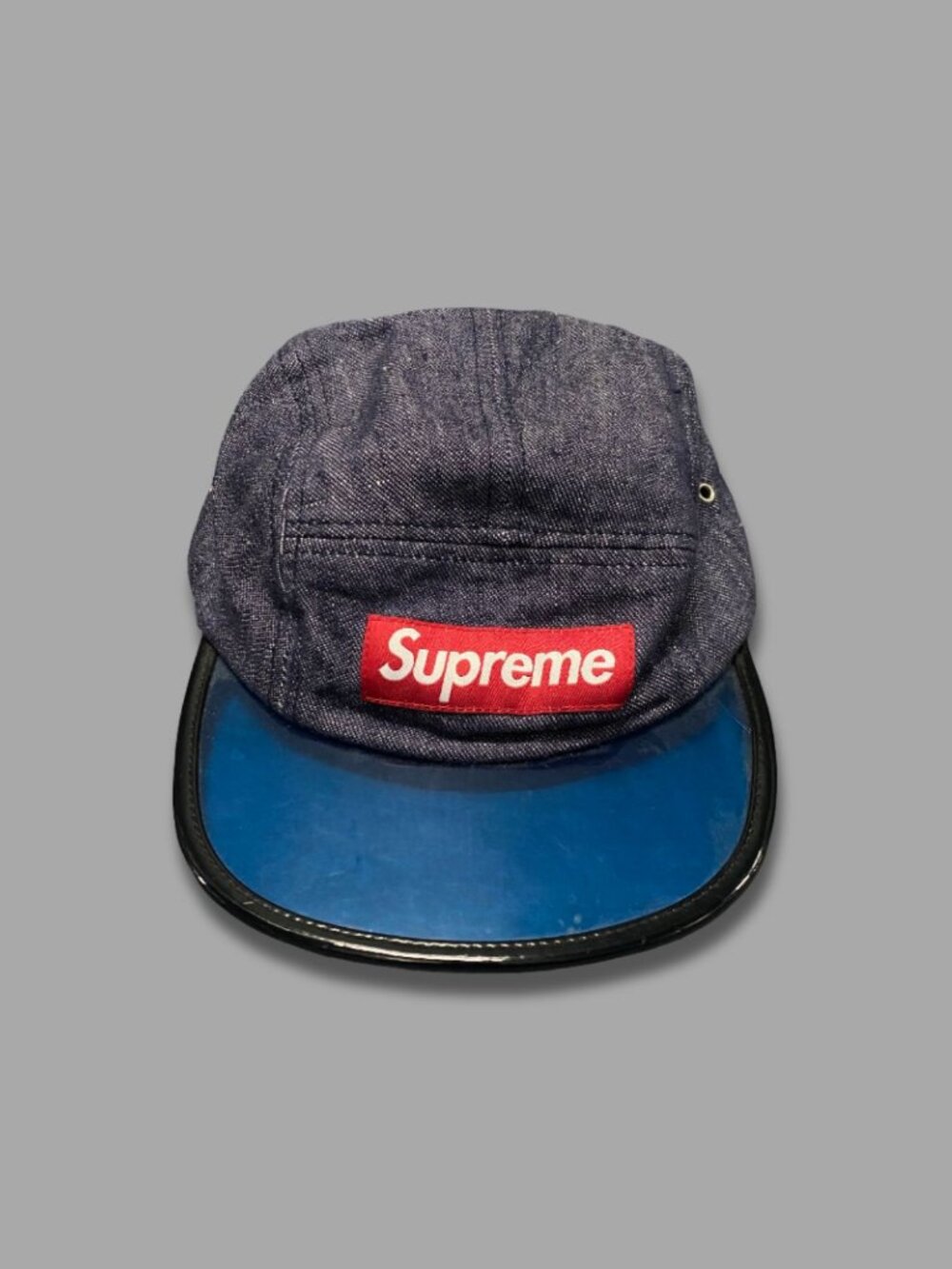 SUPREME SS14 Blue Angler Camp Transparent PVC Visor Denim Cap Red Box Logo